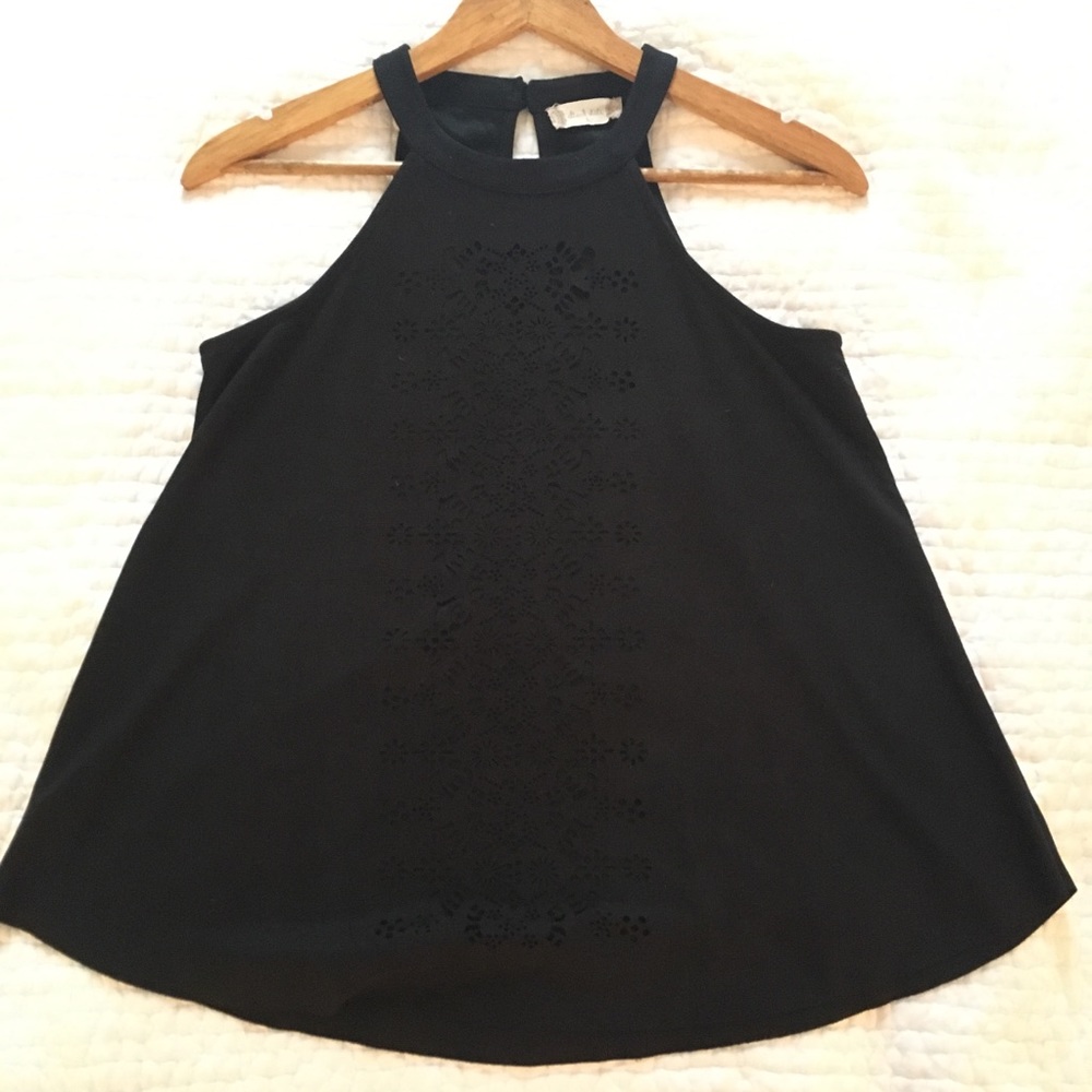 High neck, sleeveless, black tank top